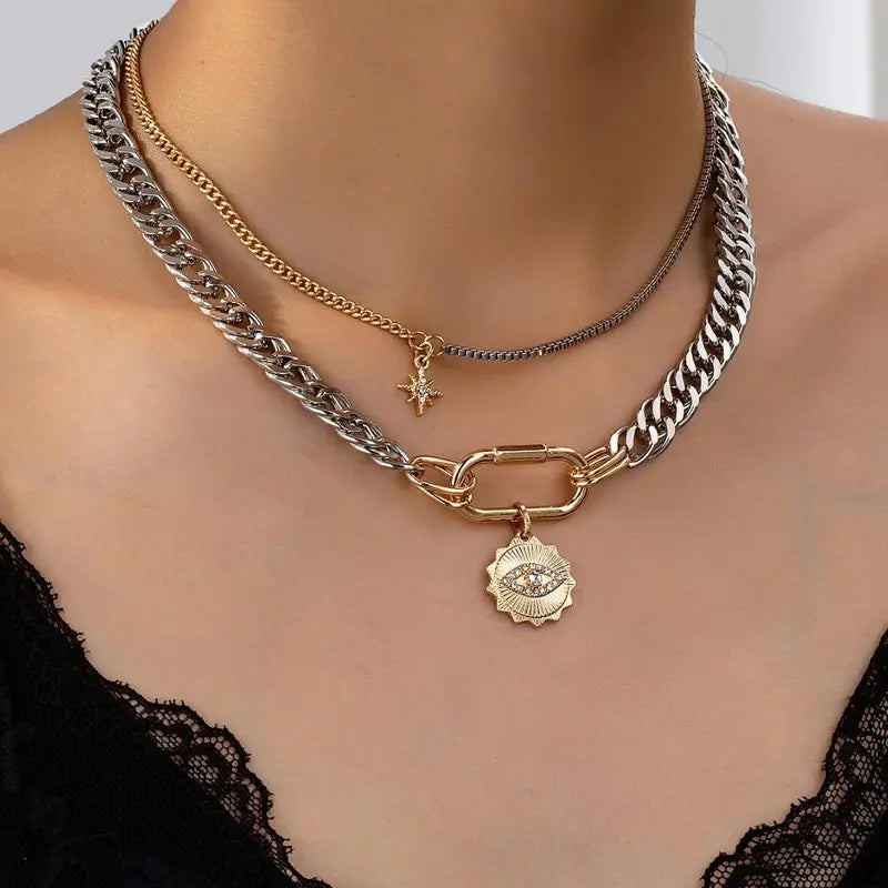 🔗 Dual Tone Layered Eye Pendant Necklace ✨