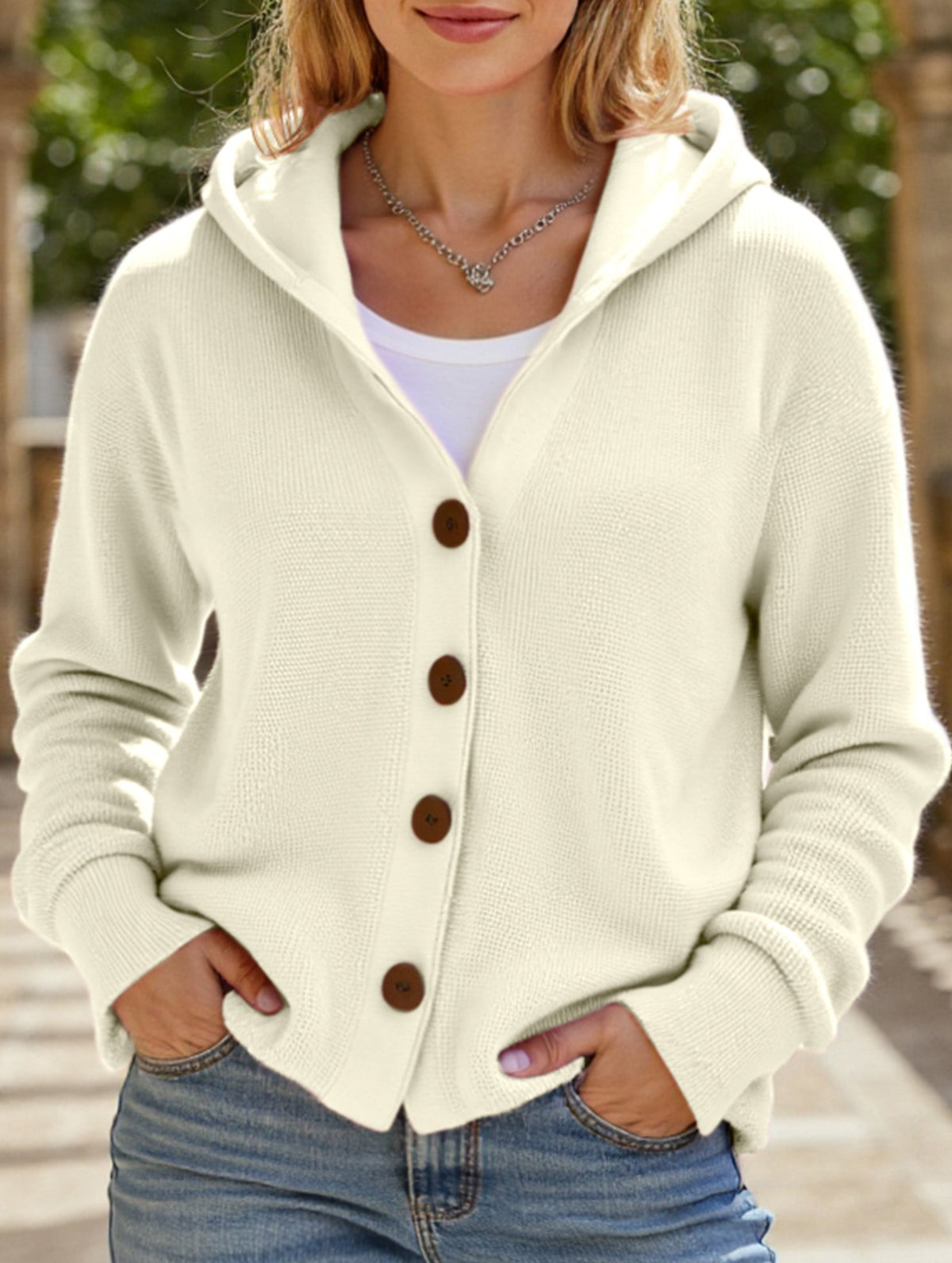 🌷Solid Color Casual Button Knit Hooded Sweater