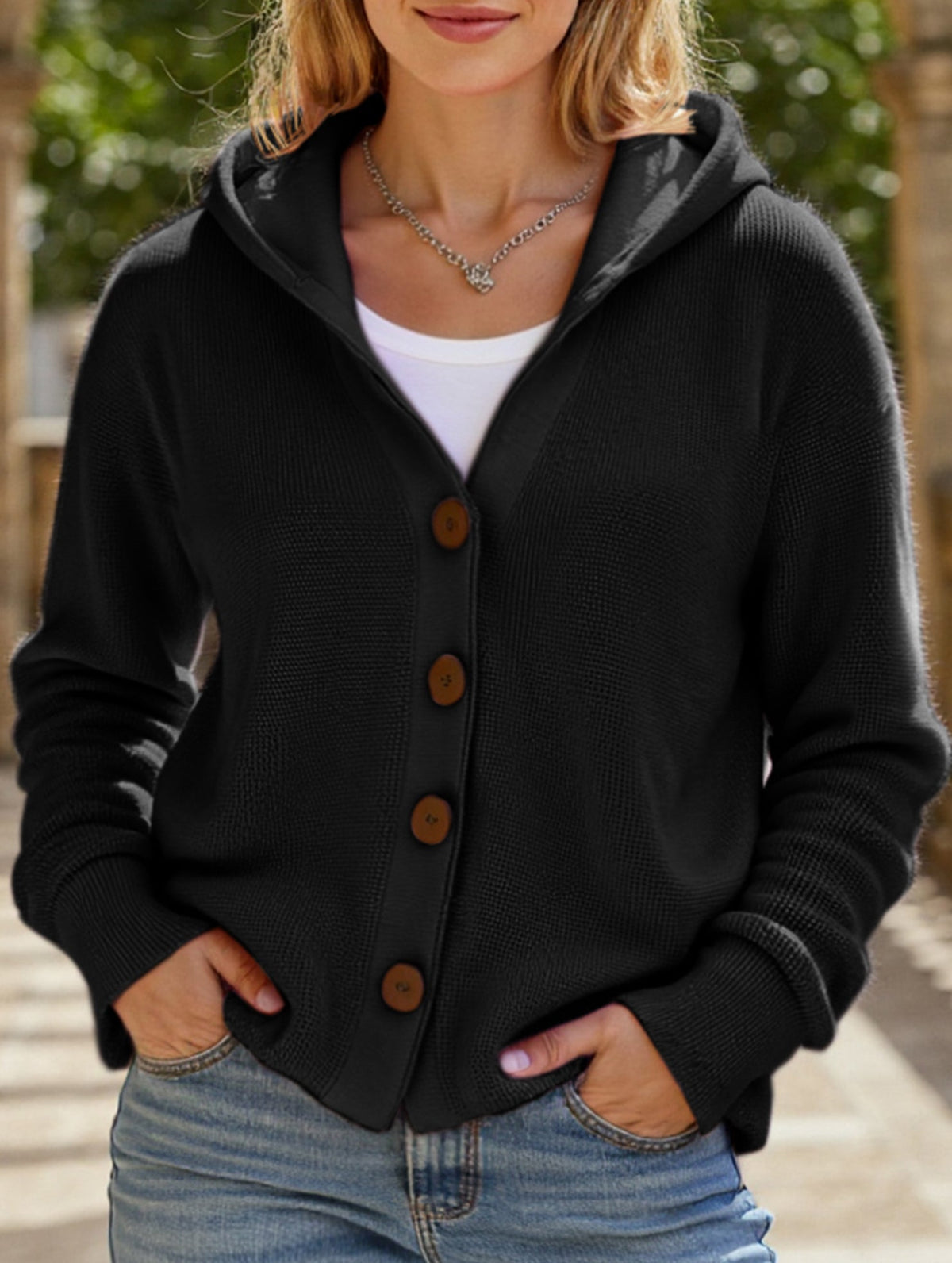 🌷Solid Color Casual Button Knit Hooded Sweater