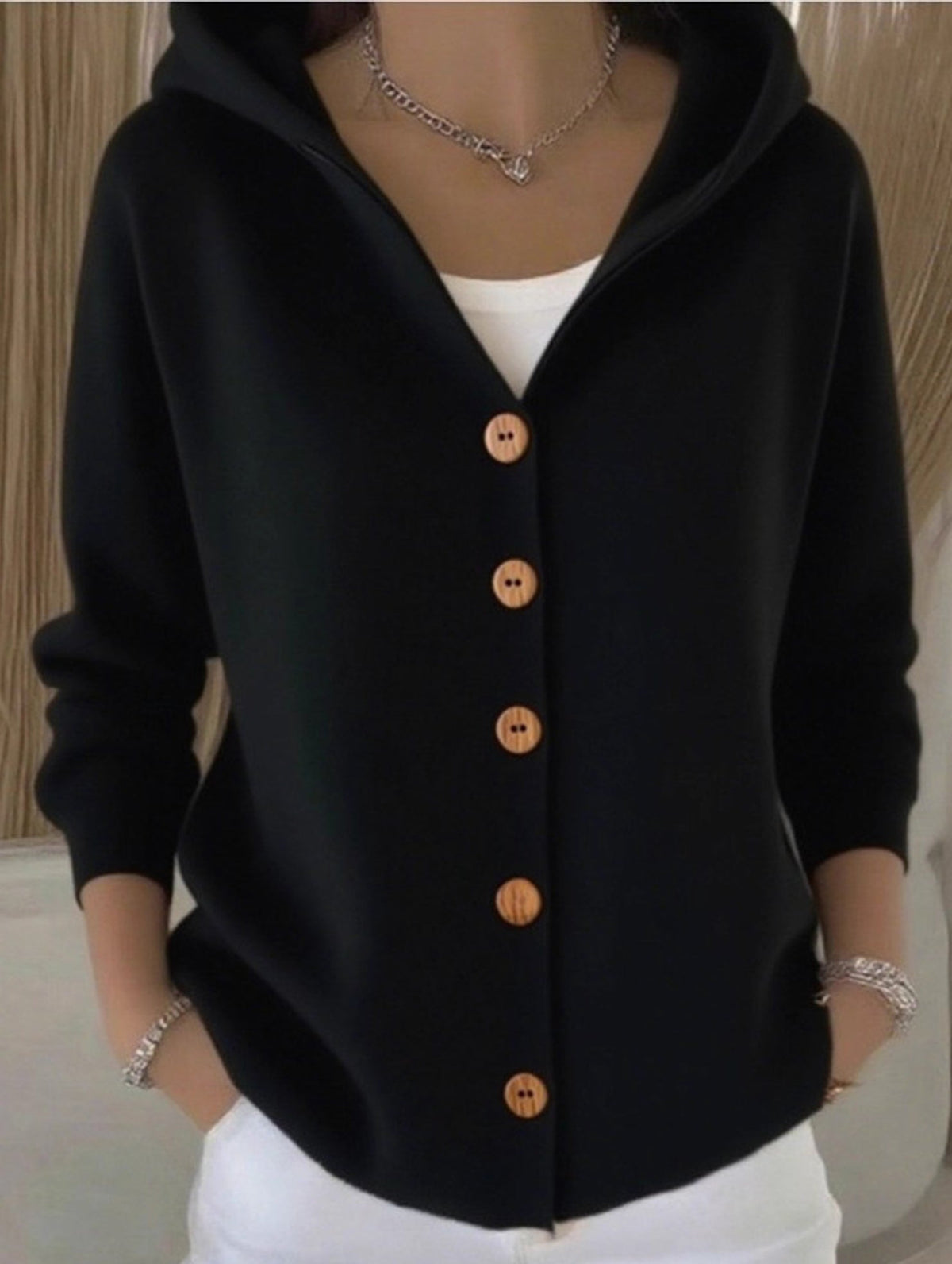 🌷Solid Color Casual Button Knit Hooded Sweater