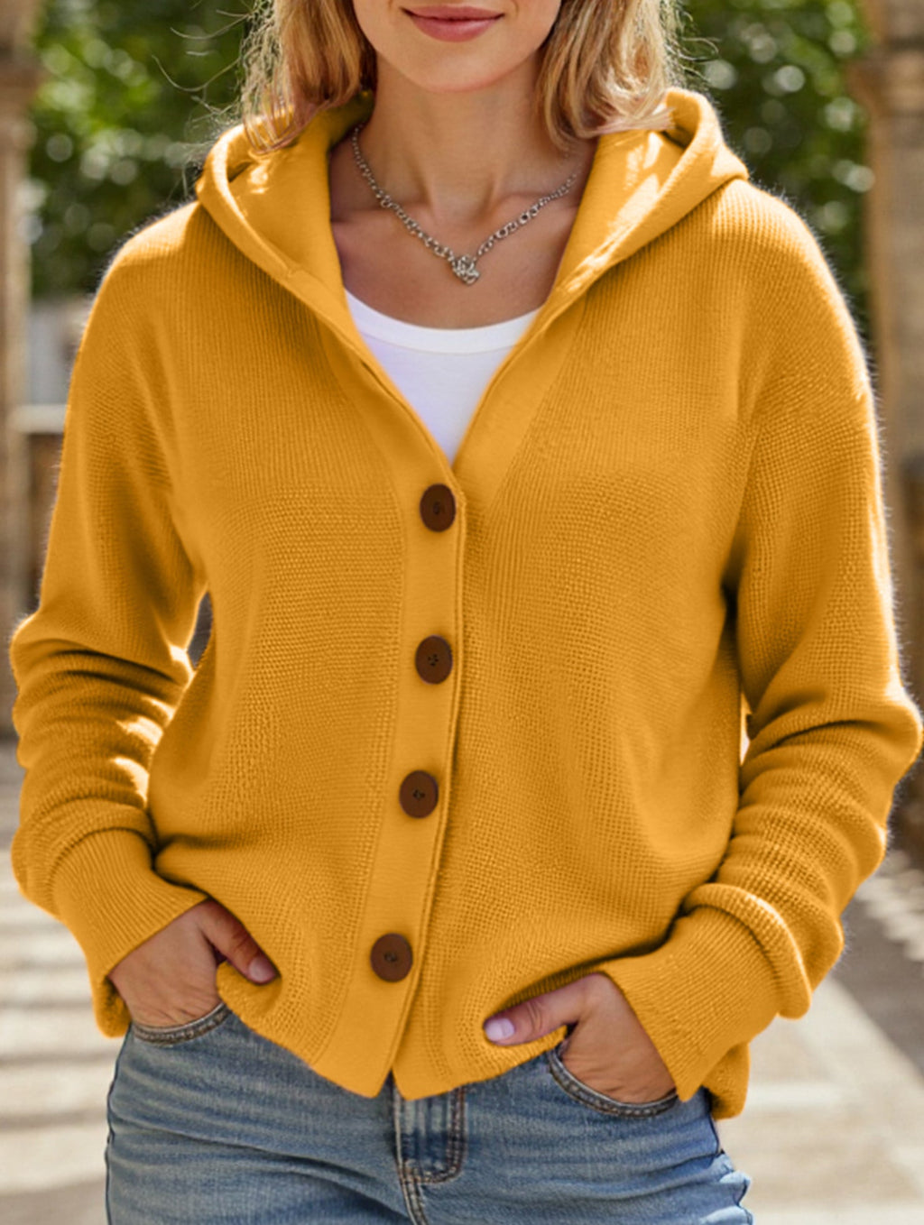 🌷Solid Color Casual Button Knit Hooded Sweater