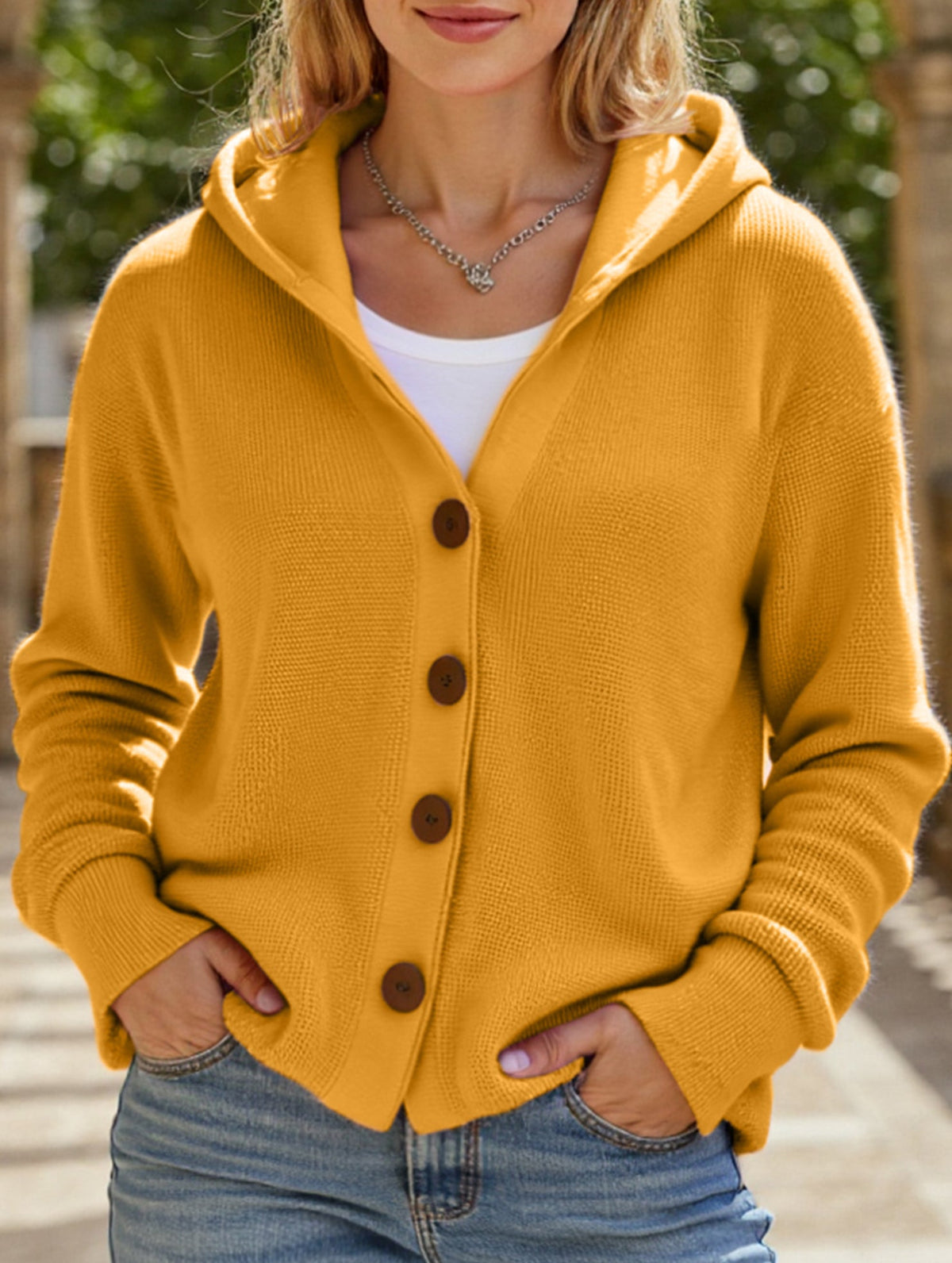 🌷Solid Color Casual Button Knit Hooded Sweater