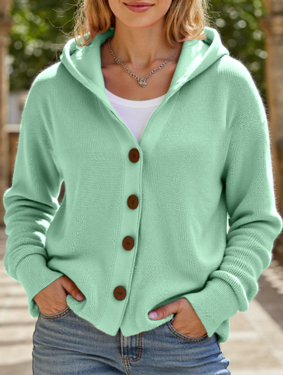 🌷Solid Color Casual Button Knit Hooded Sweater