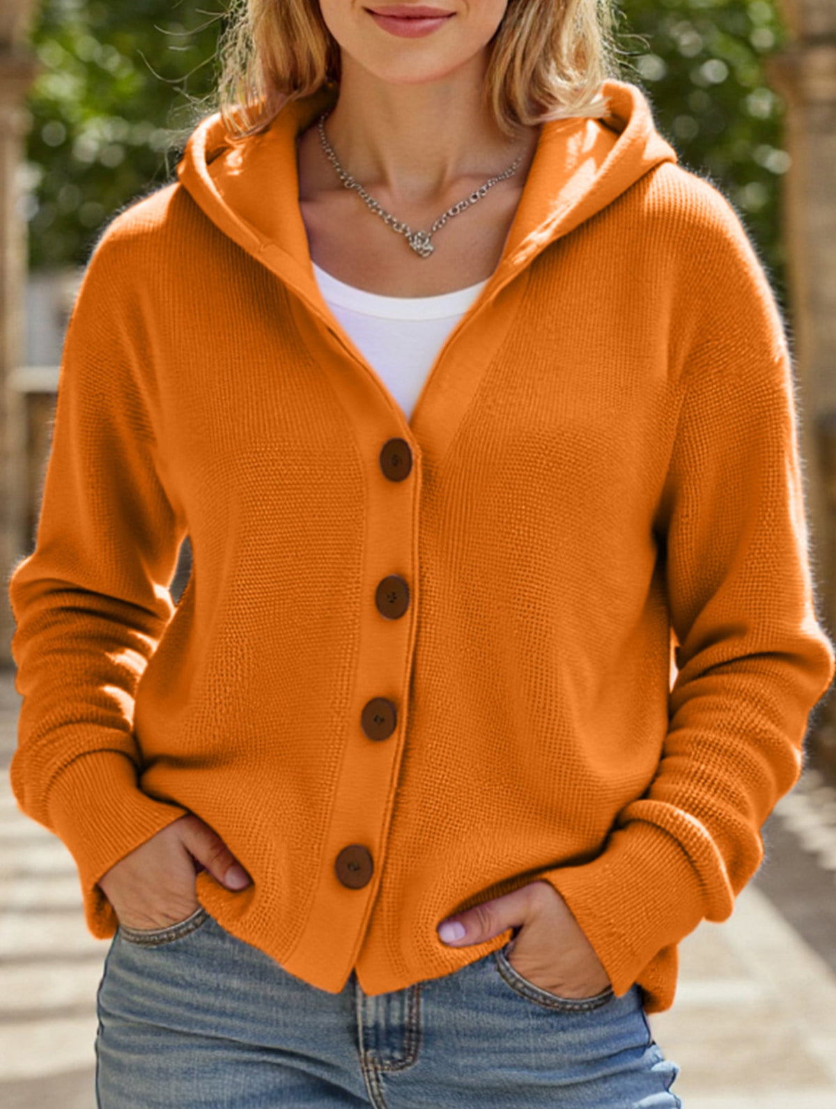 🌷Solid Color Casual Button Knit Hooded Sweater