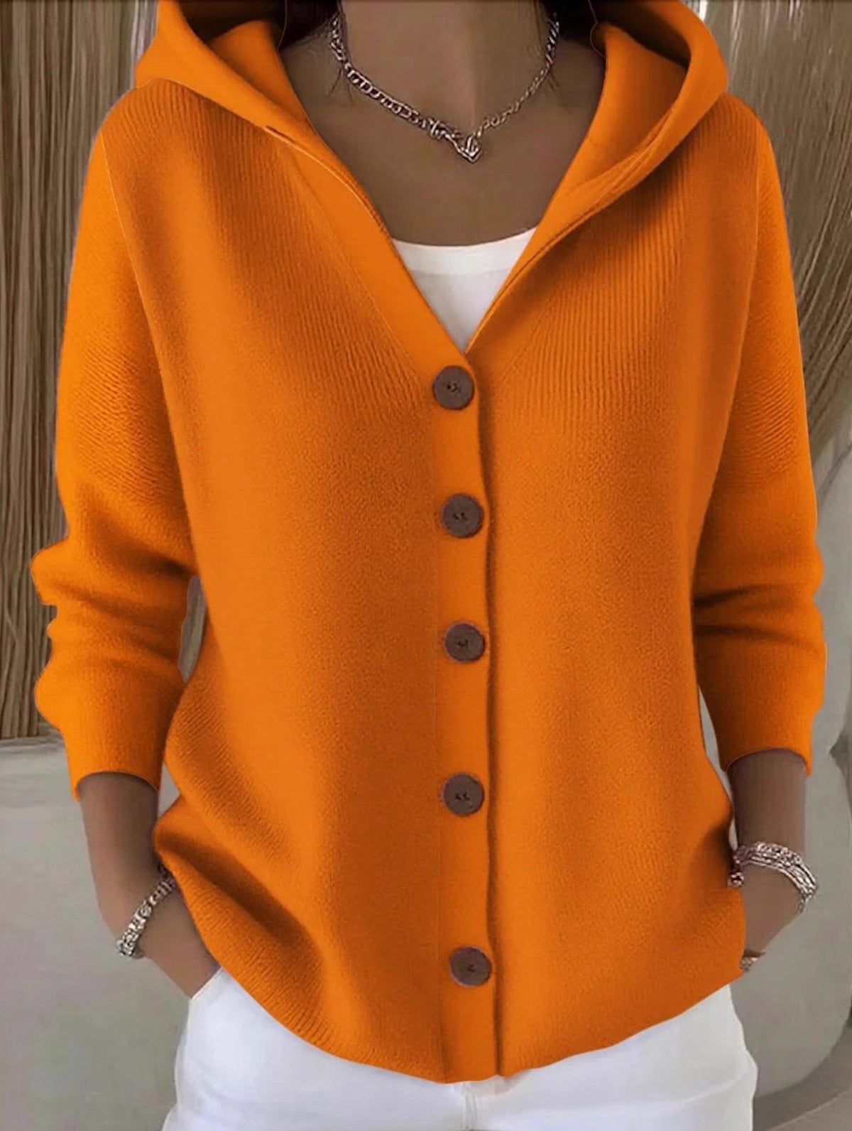 🌷Solid Color Casual Button Knit Hooded Sweater