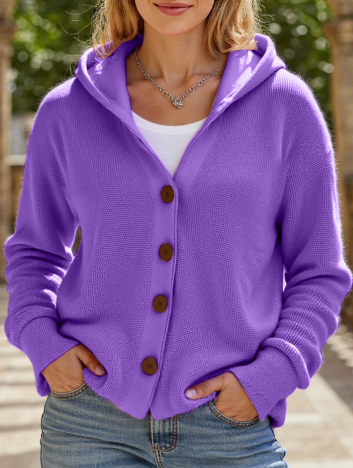 🌷Solid Color Casual Button Knit Hooded Sweater