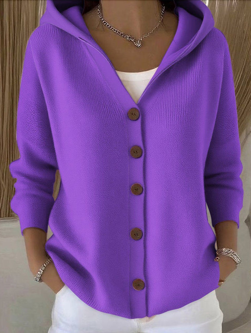 🌷Solid Color Casual Button Knit Hooded Sweater