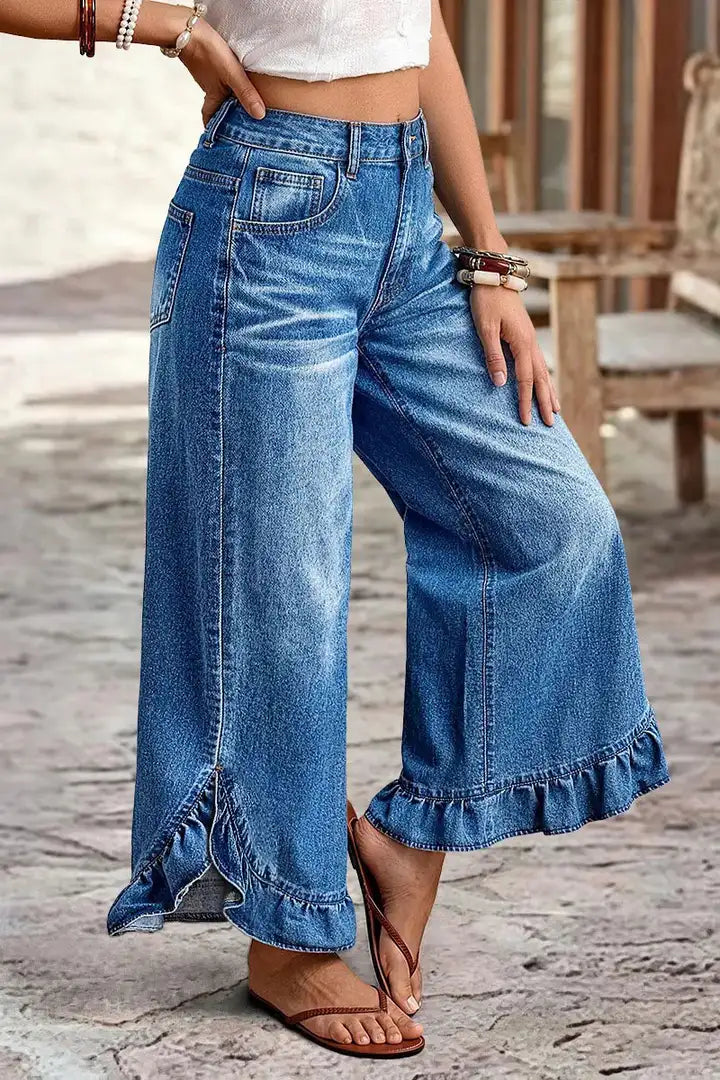 🌸🌸Mid Waist Ruffled Split Wide Leg Denim Pants ✨