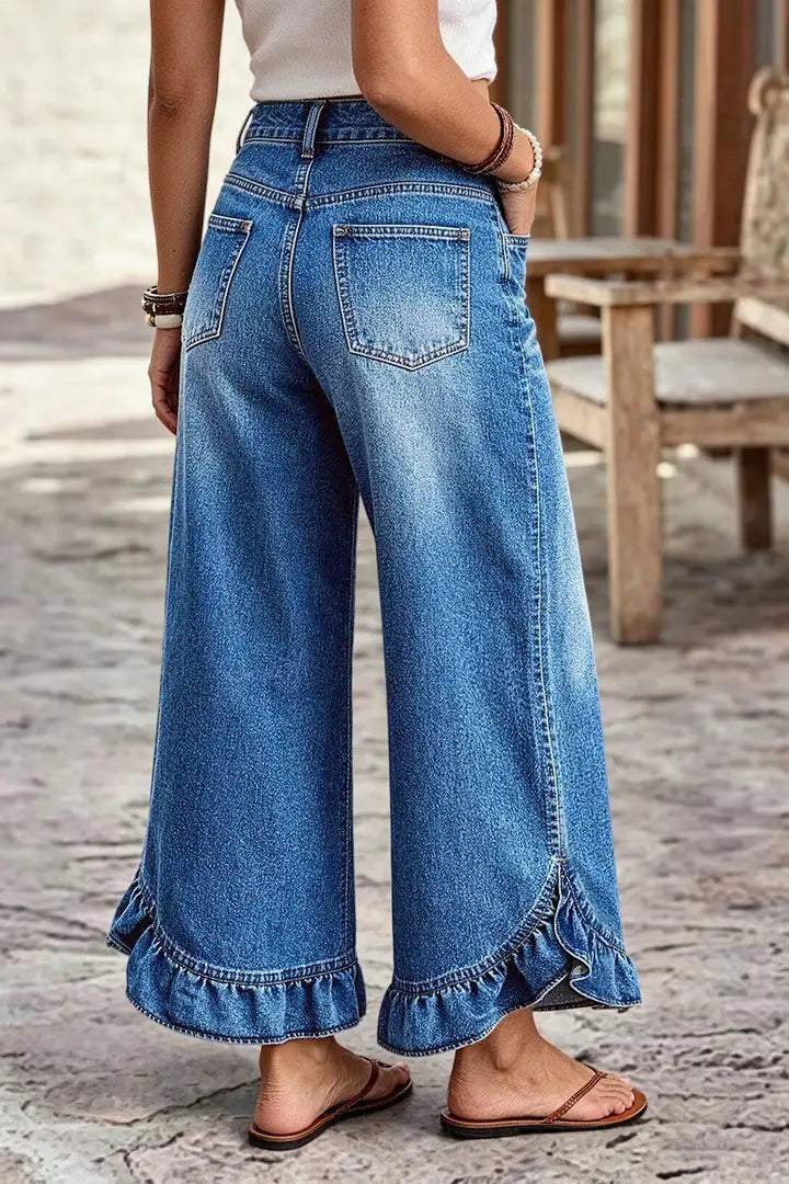 🌸🌸Mid Waist Ruffled Split Wide Leg Denim Pants ✨