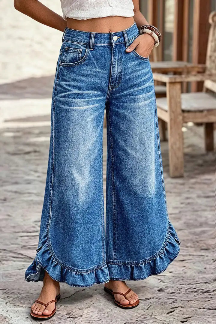 🌸🌸Mid Waist Ruffled Split Wide Leg Denim Pants ✨