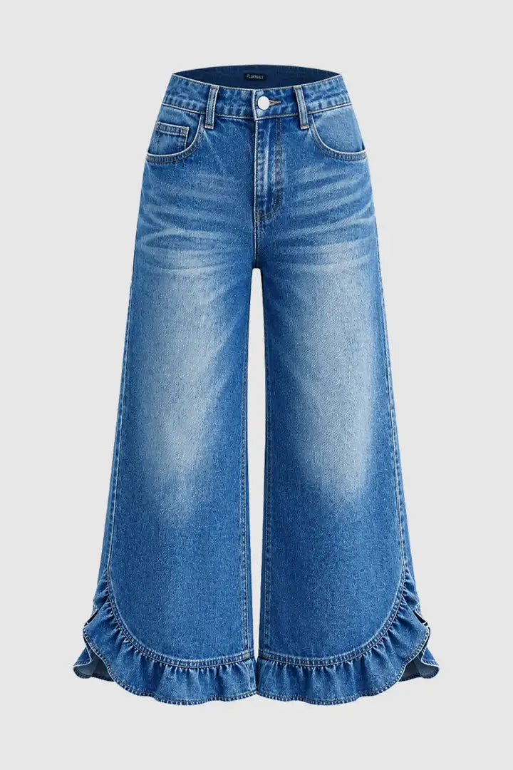 🌸🌸Mid Waist Ruffled Split Wide Leg Denim Pants ✨