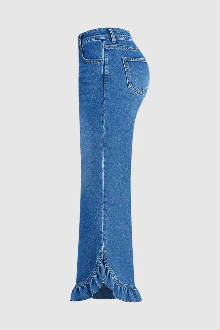 🌸🌸Mid Waist Ruffled Split Wide Leg Denim Pants ✨