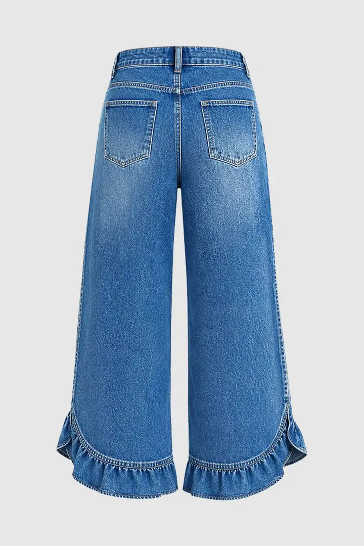 🌸🌸Mid Waist Ruffled Split Wide Leg Denim Pants ✨