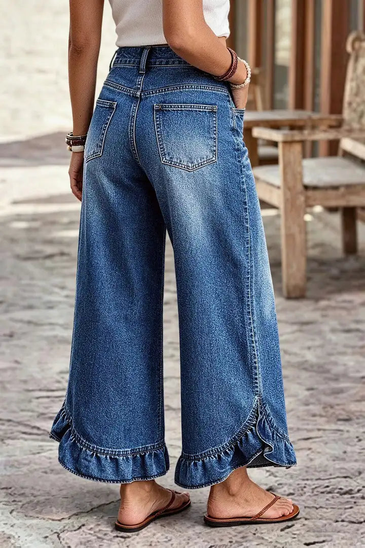 🌸🌸Mid Waist Ruffled Split Wide Leg Denim Pants ✨