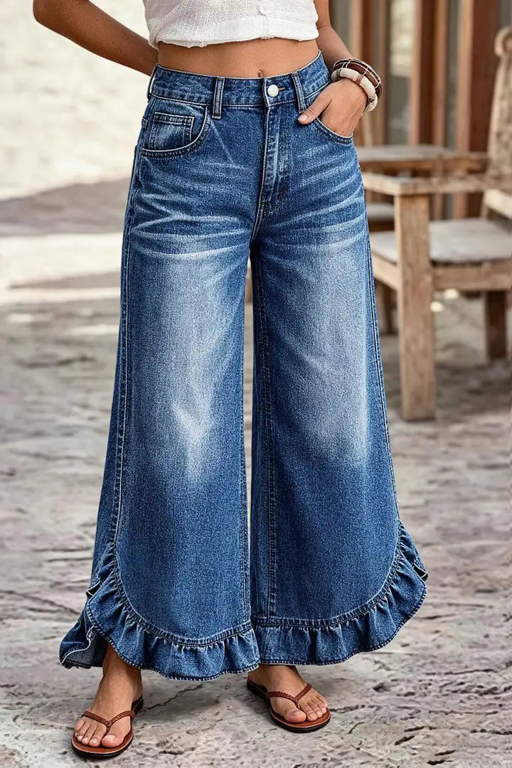 🌸🌸Mid Waist Ruffled Split Wide Leg Denim Pants ✨