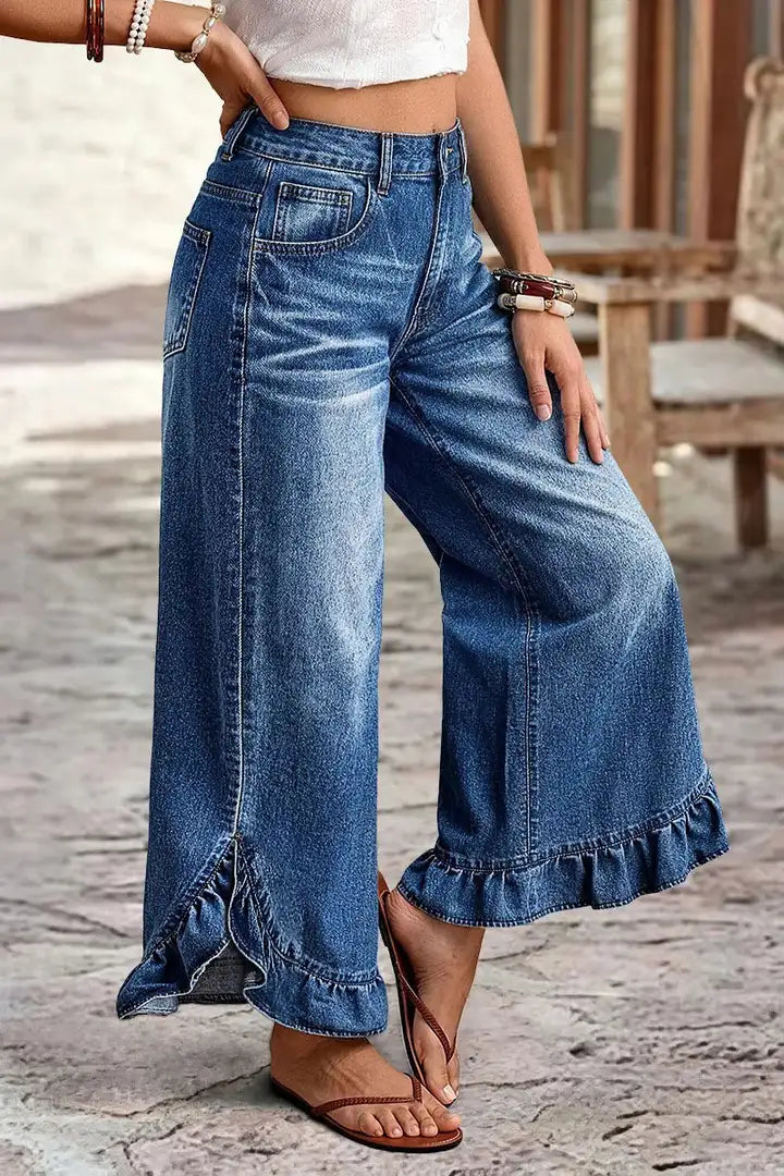 🌸🌸Mid Waist Ruffled Split Wide Leg Denim Pants ✨