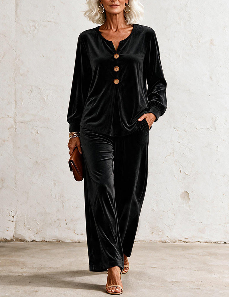 Velvet V-Neck Top & Wide-Leg Pants Set