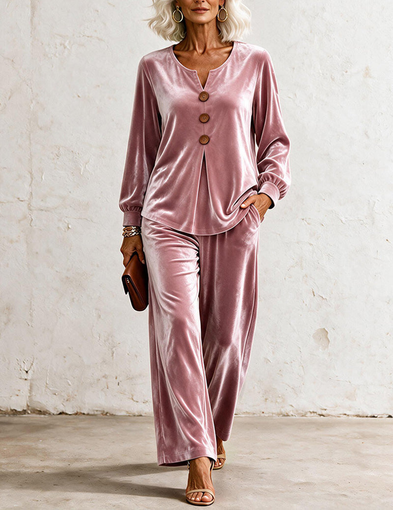 Velvet V-Neck Top & Wide-Leg Pants Set