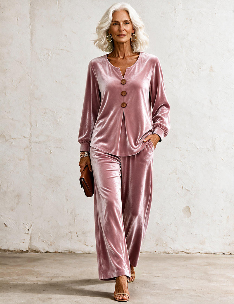Velvet V-Neck Top & Wide-Leg Pants Set