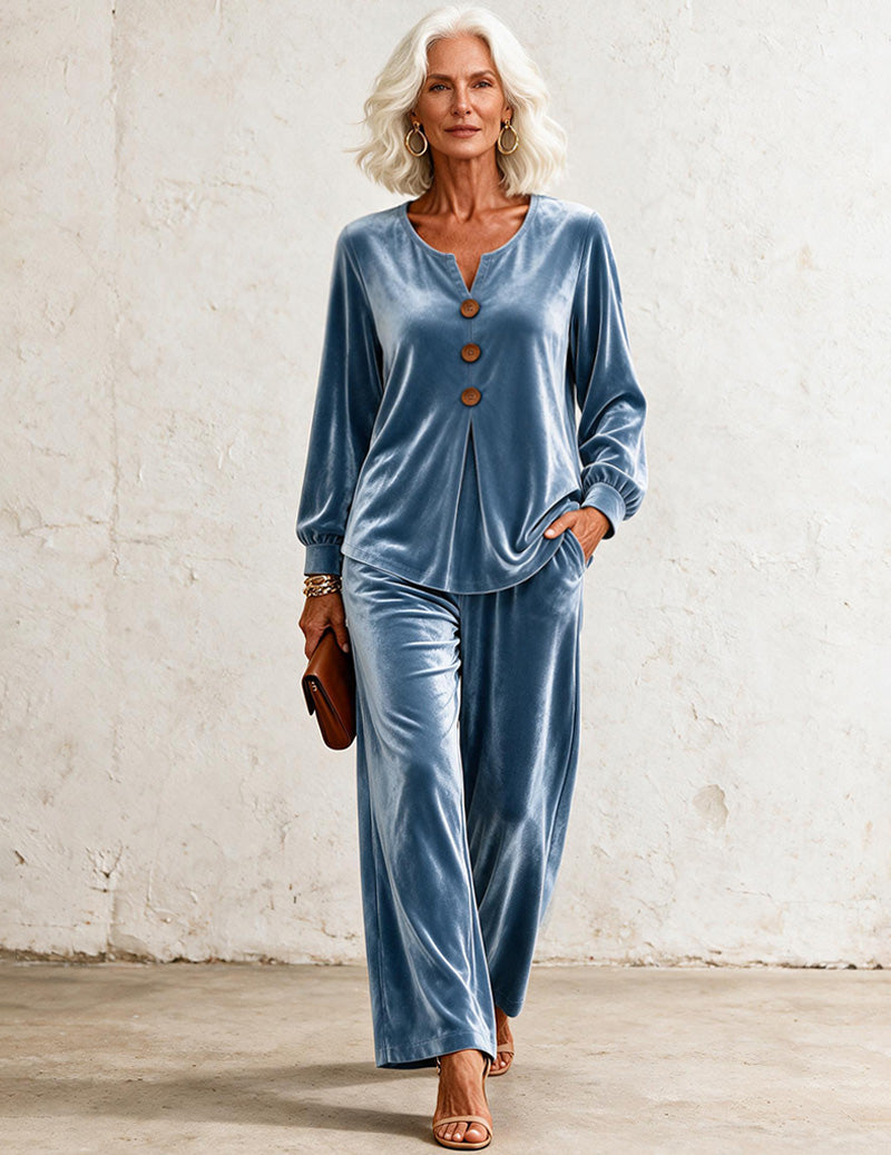 Velvet V-Neck Top & Wide-Leg Pants Set
