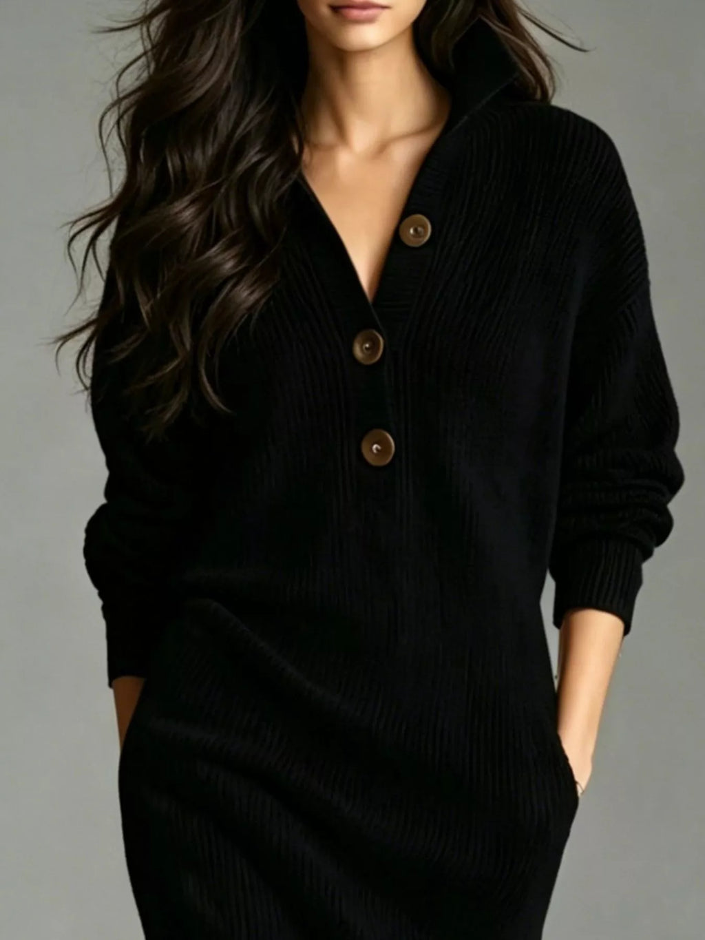 🌷Cotton-wool blend V-Neck Half-Button Ribbed Knit Dress