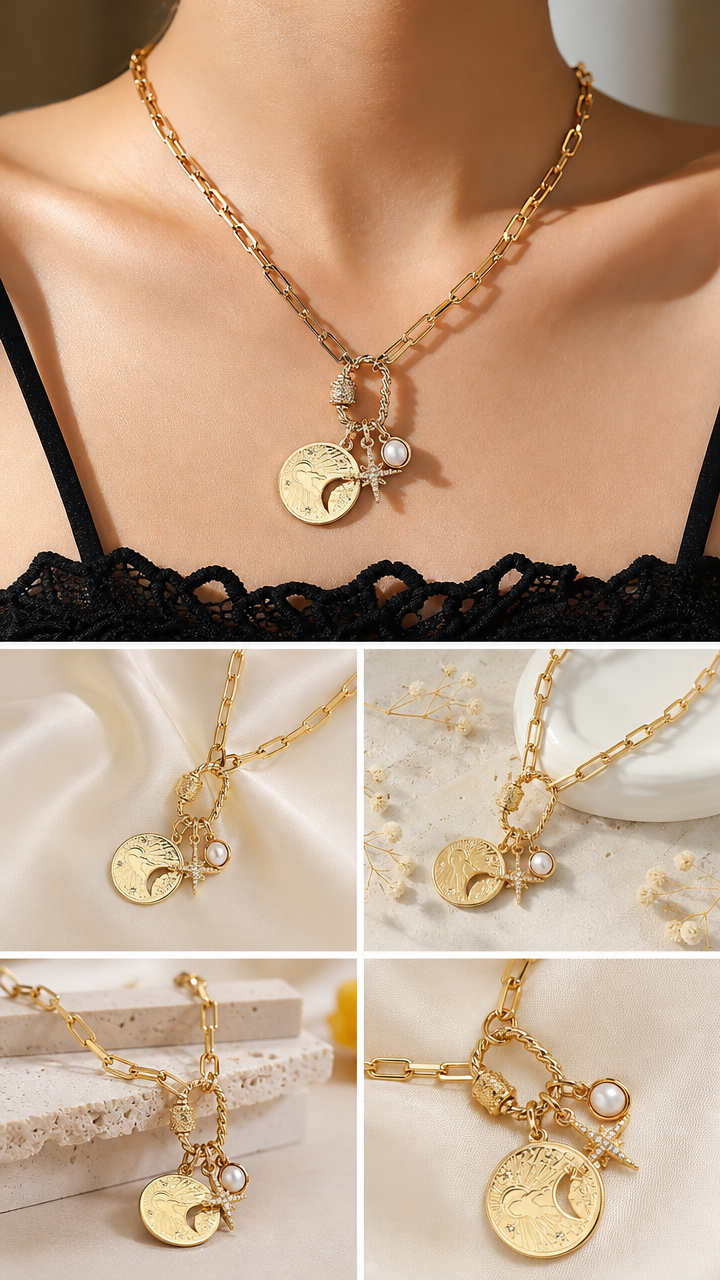 🔗 Dual Tone Layered Eye Pendant Necklace ✨