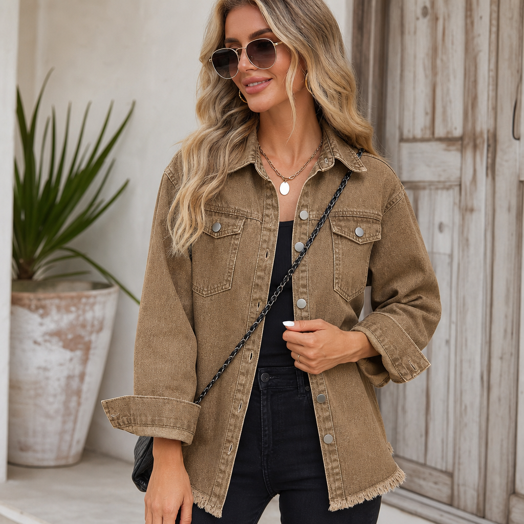🌸🌸 Oversized Ripped Tassel Denim Jacket, Long Sleeve Pockets