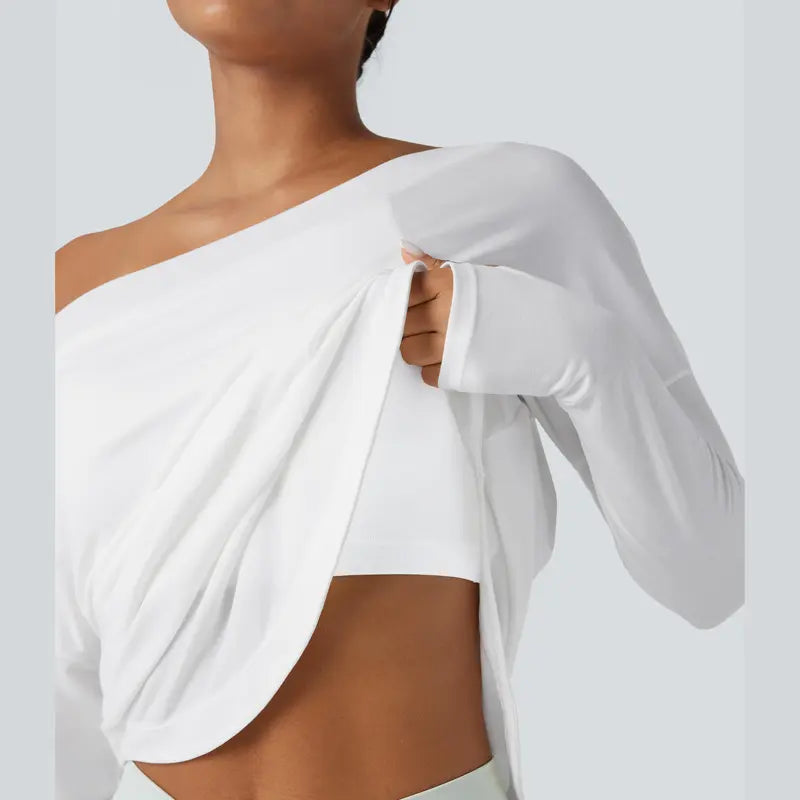 💥Limited Time Sale | Women’s One Shoulder Long Sleeve Workout Top with Built-In Bra