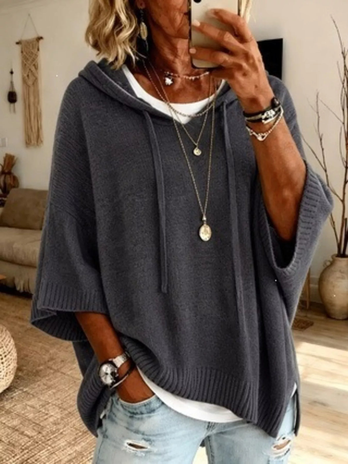 🌷Full Size Casual Hooded Batwing Sleeve Knit Sweater Plus Size
