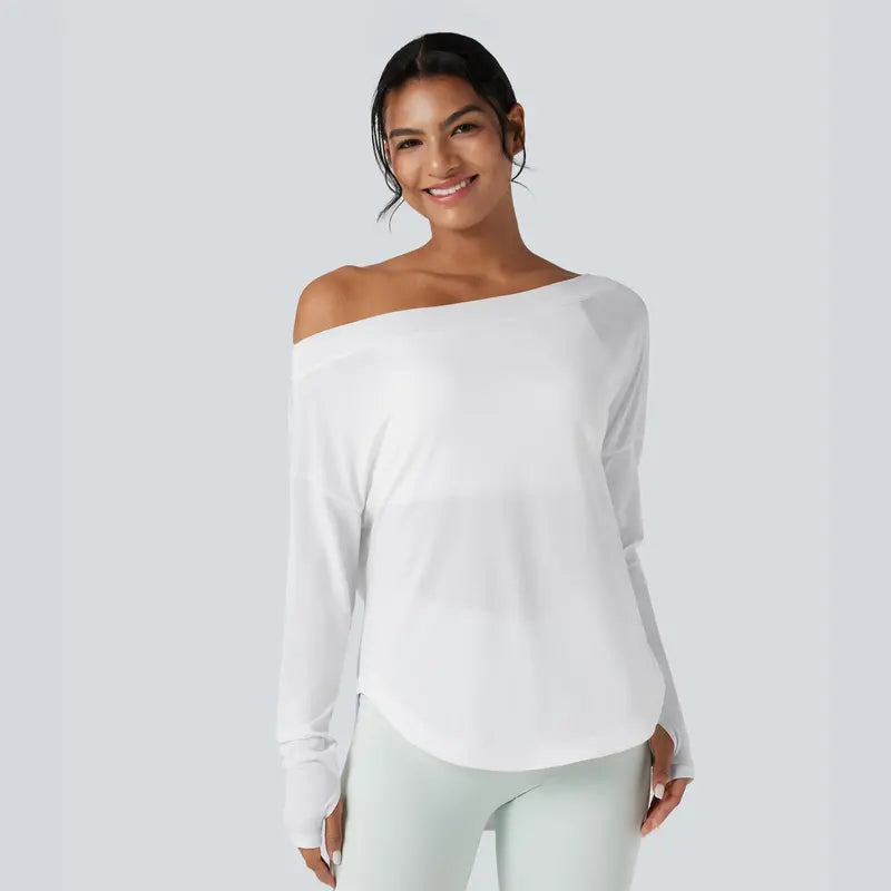 💥Limited Time Sale | Women’s One Shoulder Long Sleeve Workout Top with Built-In Bra