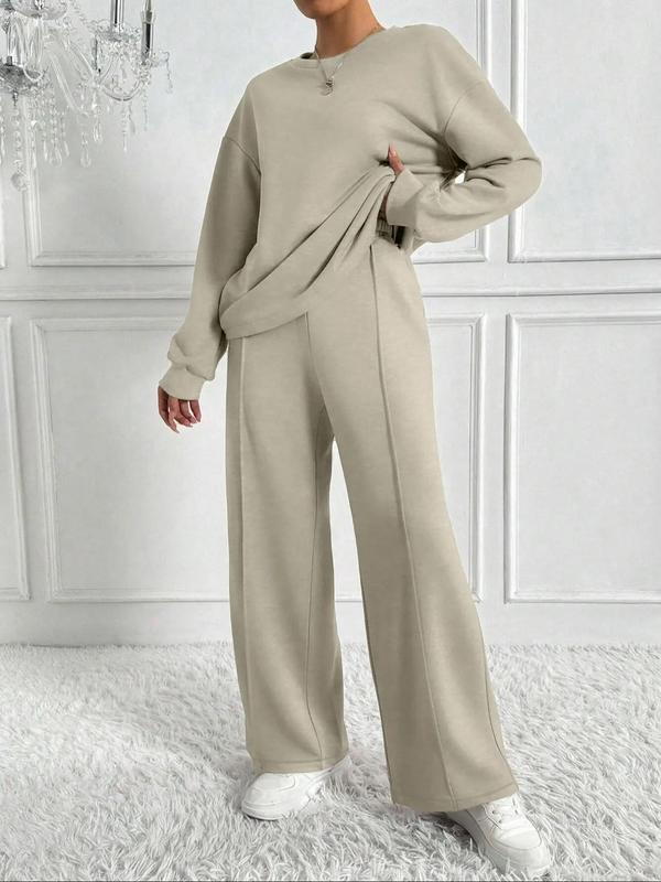 🌷 Casual Solid Color Sweatshirt & Pants Set for Outdoor Comfort