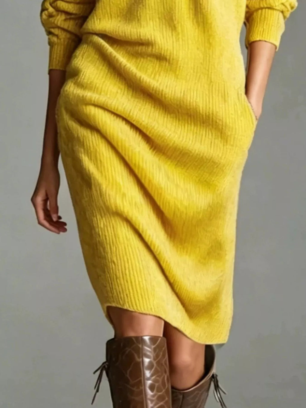 🌷Cotton-wool blend V-Neck Half-Button Ribbed Knit Dress
