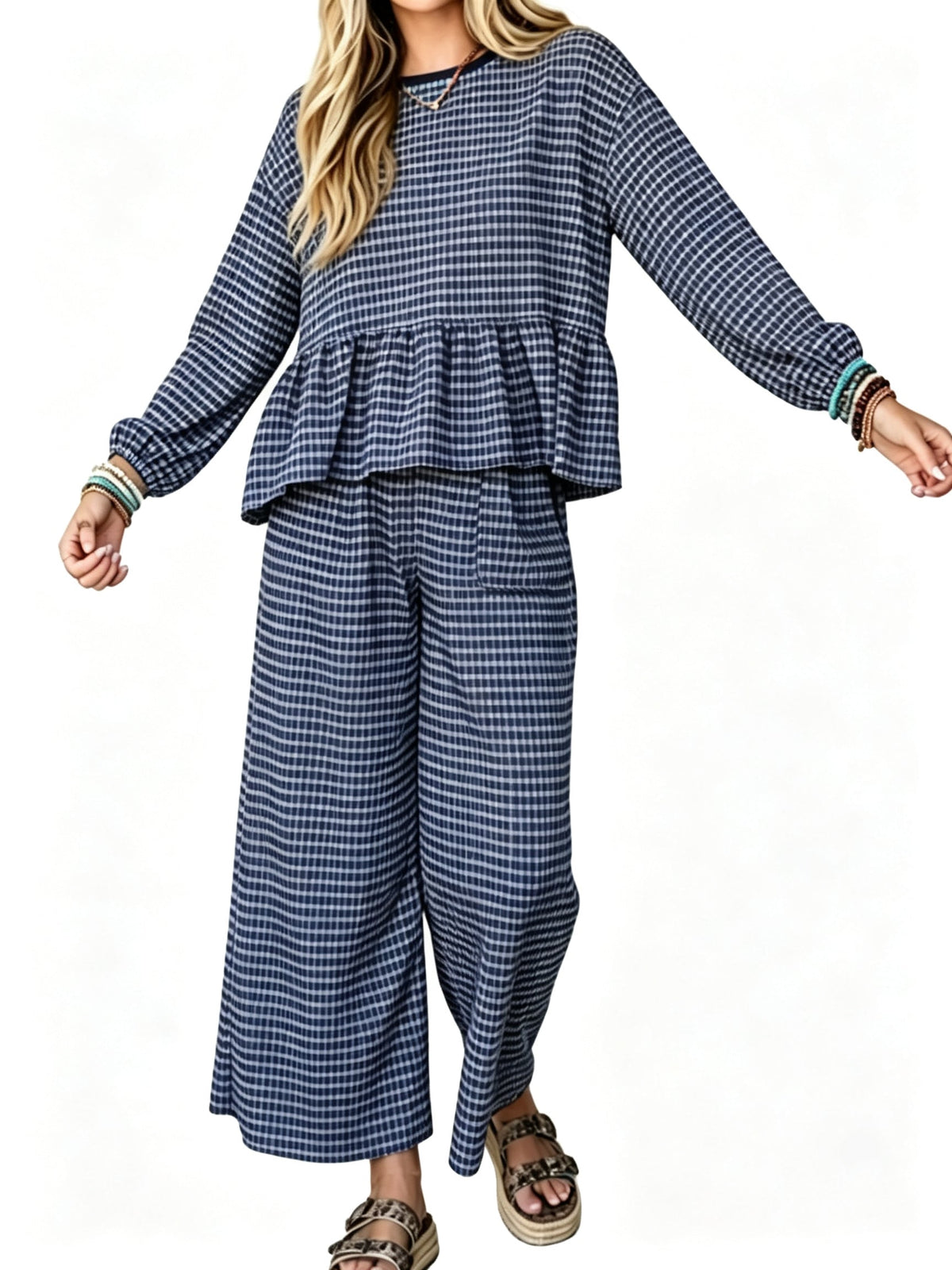 🍂👚Women Gingham Ruffle Two Piece Outfit Set