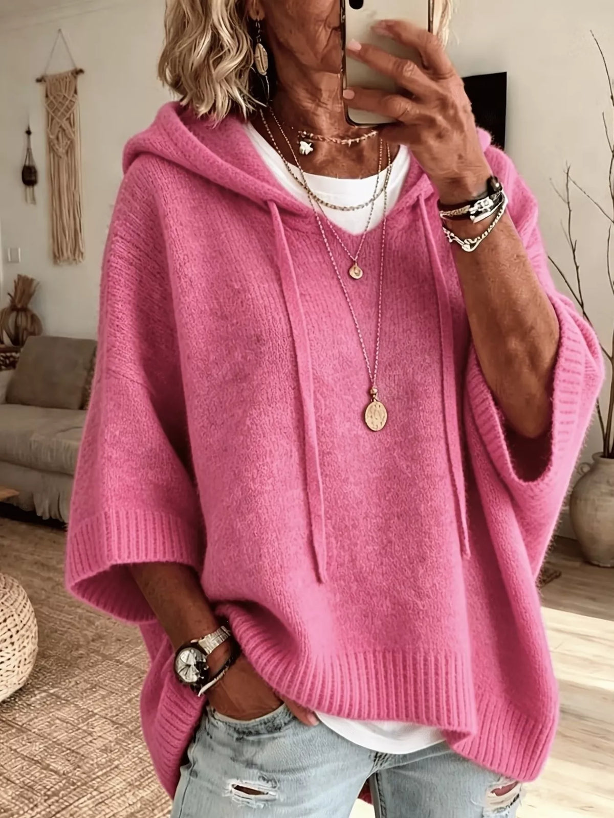 🌷Full Size Casual Hooded Batwing Sleeve Knit Sweater Plus Size