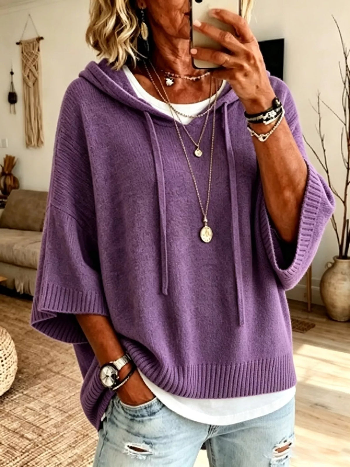 🌷Full Size Casual Hooded Batwing Sleeve Knit Sweater Plus Size