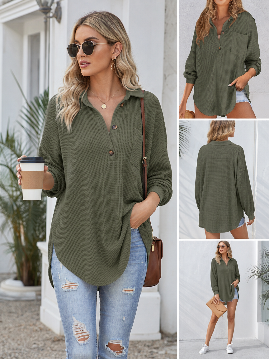 🧶 Oversized Waffle Henley Shirt ✨