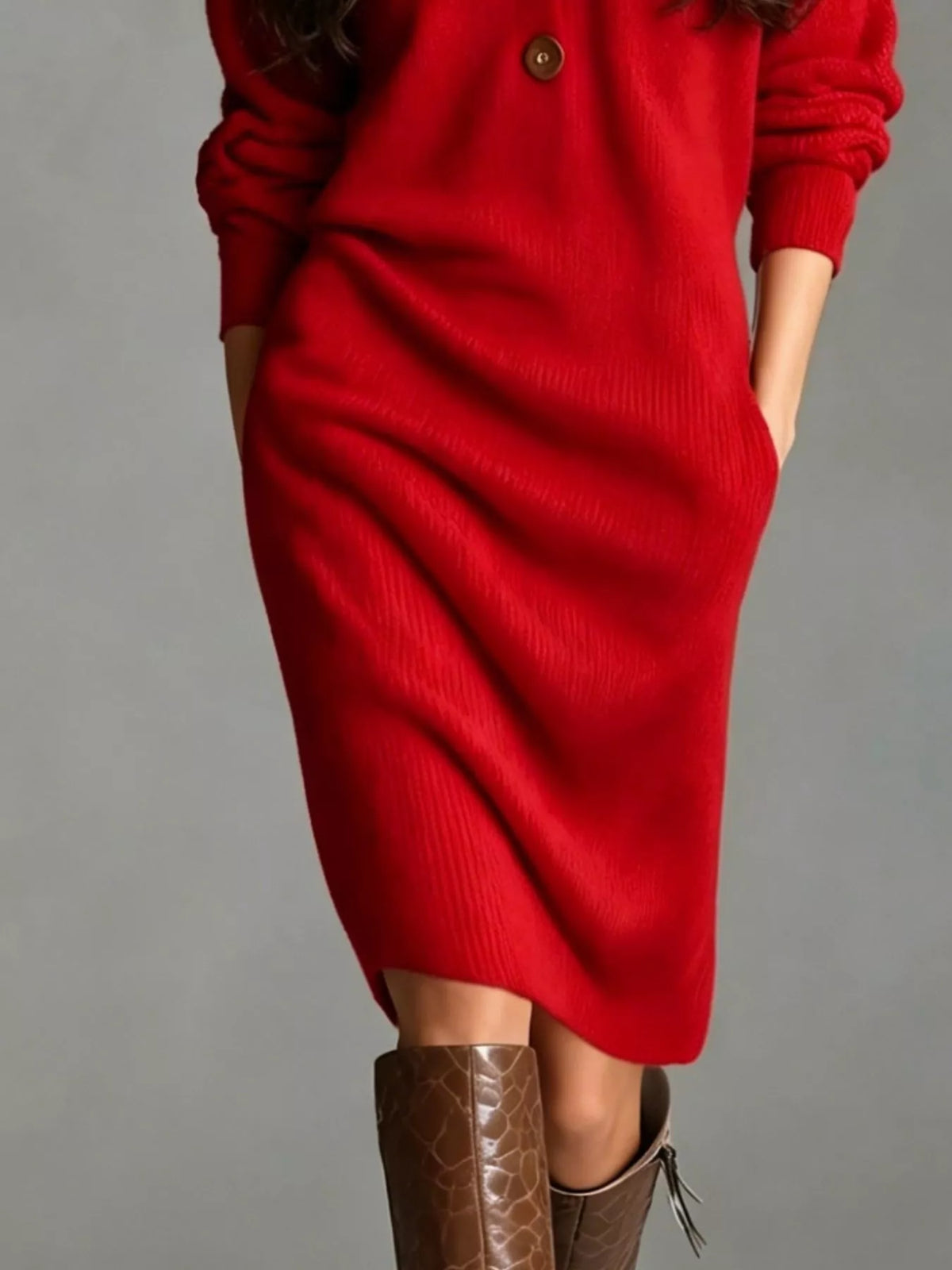 🌷Cotton-wool blend V-Neck Half-Button Ribbed Knit Dress
