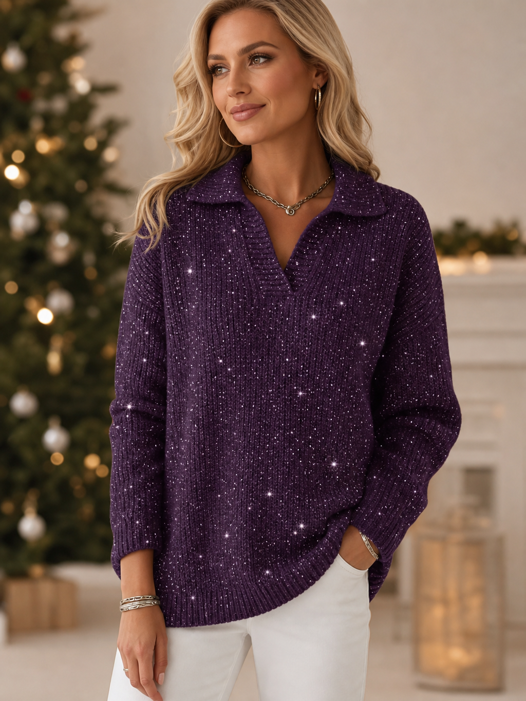 🌸🌸🎄Hot New🔥 Shiny Polo Collar Loose Party Sweater ✨