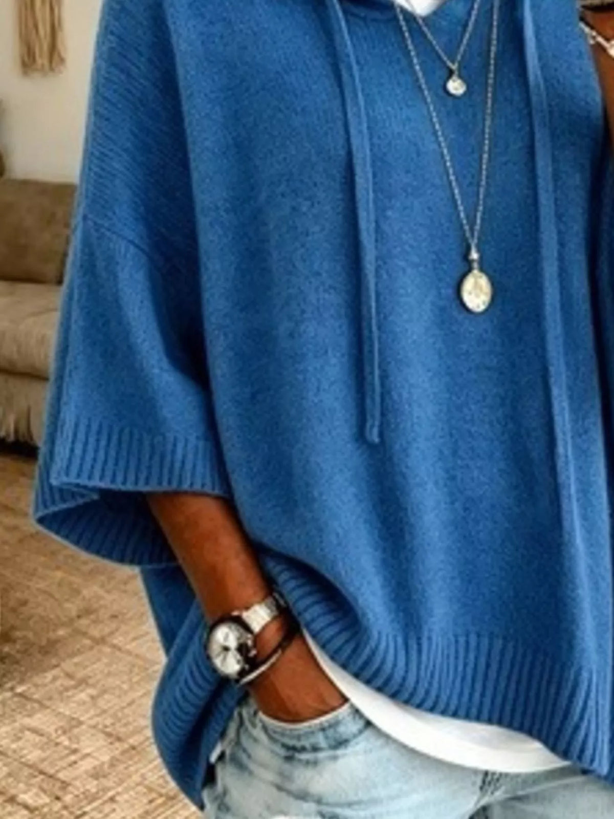 🌷Full Size Casual Hooded Batwing Sleeve Knit Sweater Plus Size