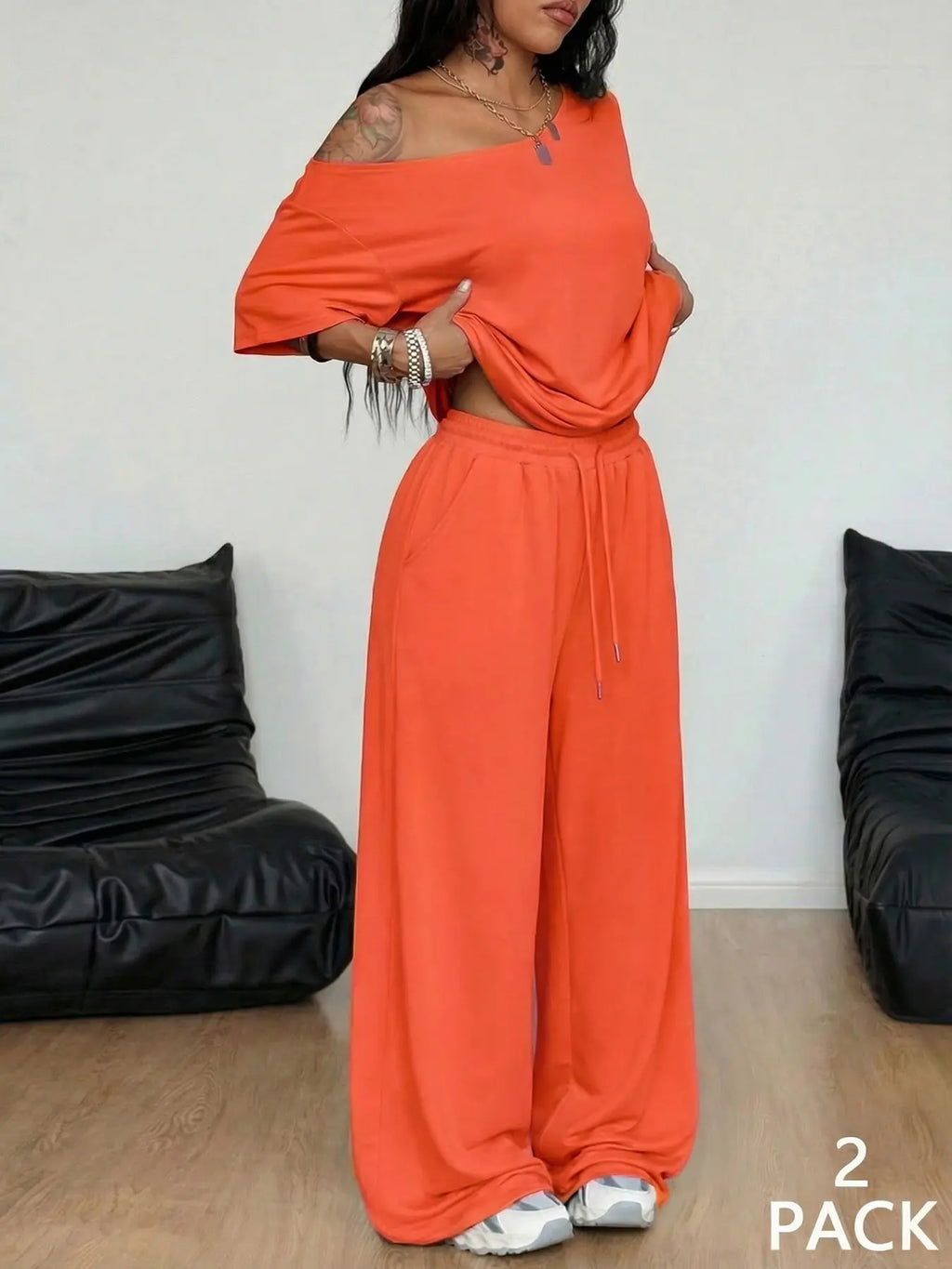 💥Trending Now | Women's Off-Shoulder 2-Piece Set - Comfortable Top & Wide Leg Pants