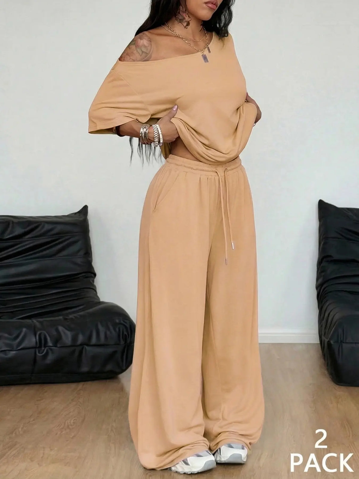 💥Trending Now | Women's Off-Shoulder 2-Piece Set - Comfortable Top & Wide Leg Pants