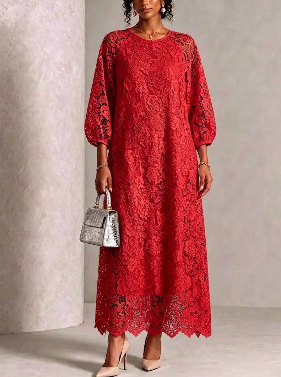 ☁️🍂Women's Floral Lace Balloon Sleeve Maxi Dress