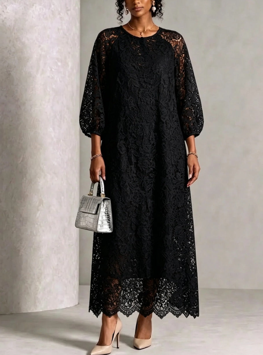 ☁️🍂Women's Floral Lace Balloon Sleeve Maxi Dress