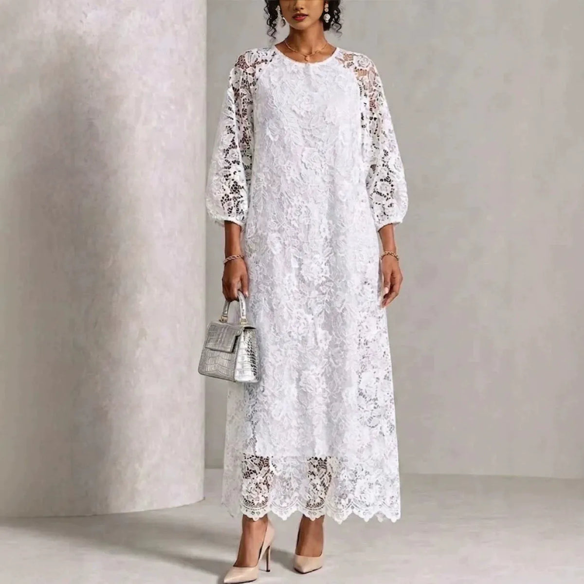 ☁️🍂Women's Floral Lace Balloon Sleeve Maxi Dress