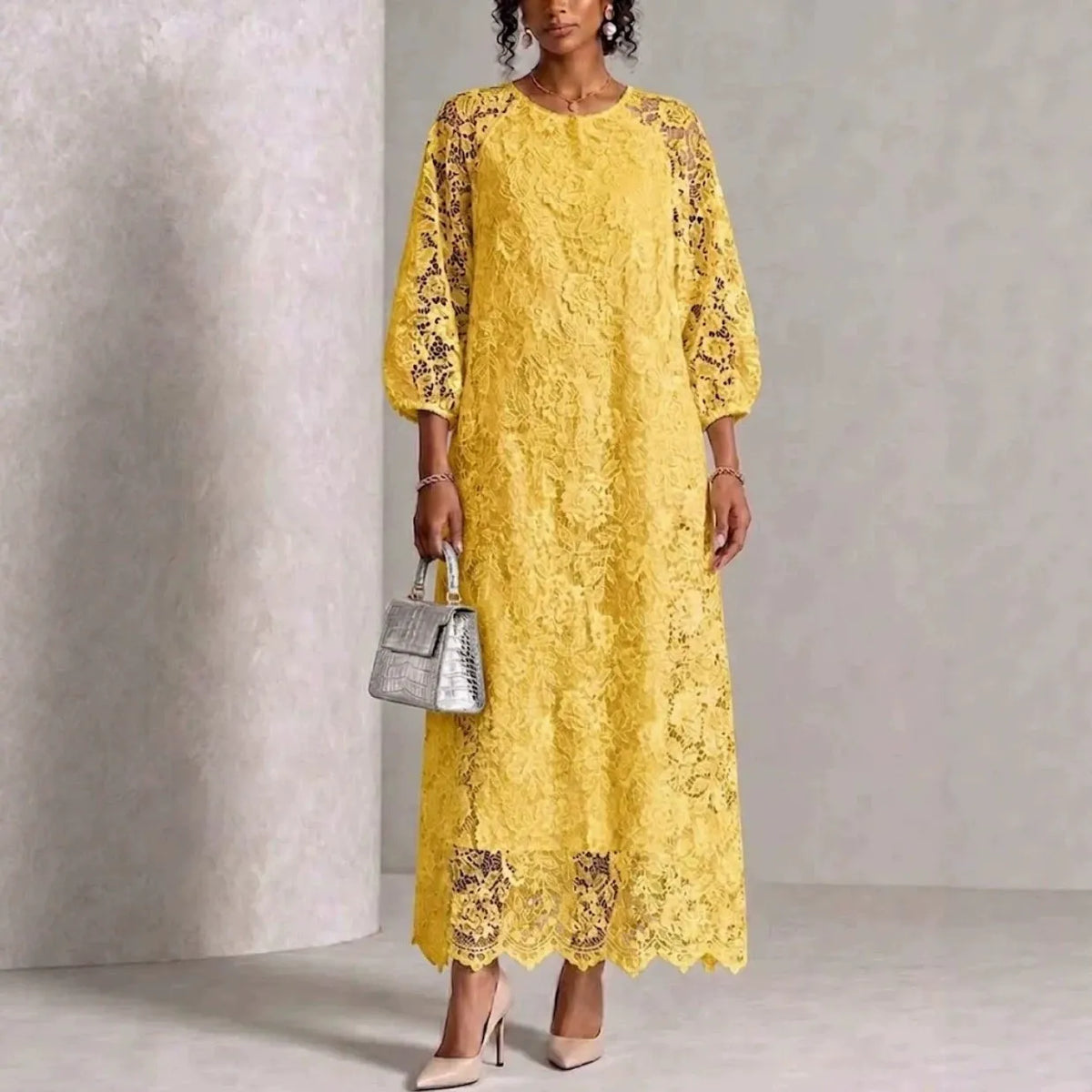 ☁️🍂Women's Floral Lace Balloon Sleeve Maxi Dress