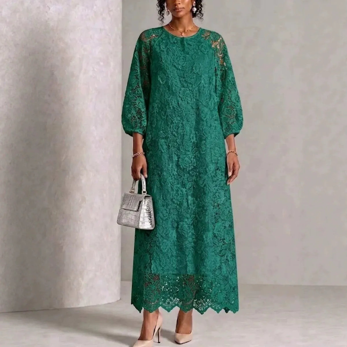 ☁️🍂Women's Floral Lace Balloon Sleeve Maxi Dress