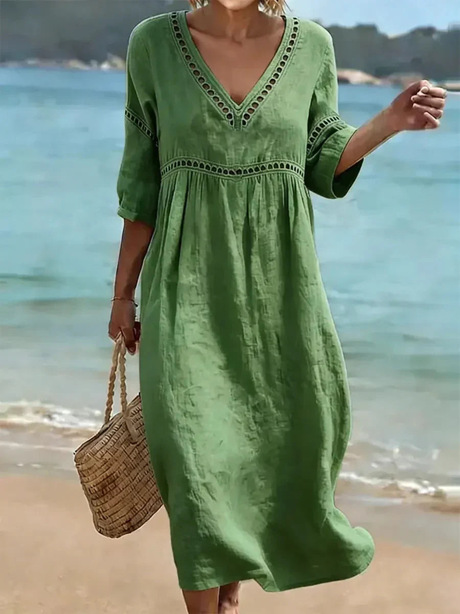 🌿🌿Women's Solid Color Retro Casual Stylish Vacation Cotton Dress