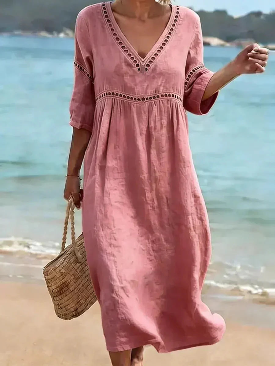 🌿🌿Women's Solid Color Retro Casual Stylish Vacation Cotton Dress