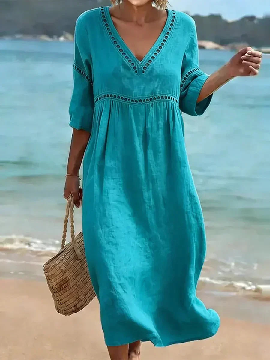 🌿🌿Women's Solid Color Retro Casual Stylish Vacation Cotton Dress