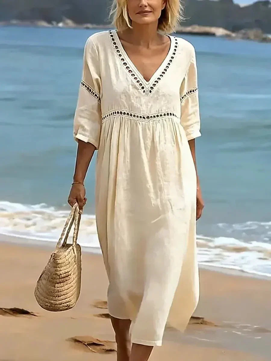 🌿🌿Women's Solid Color Retro Casual Stylish Vacation Cotton Dress